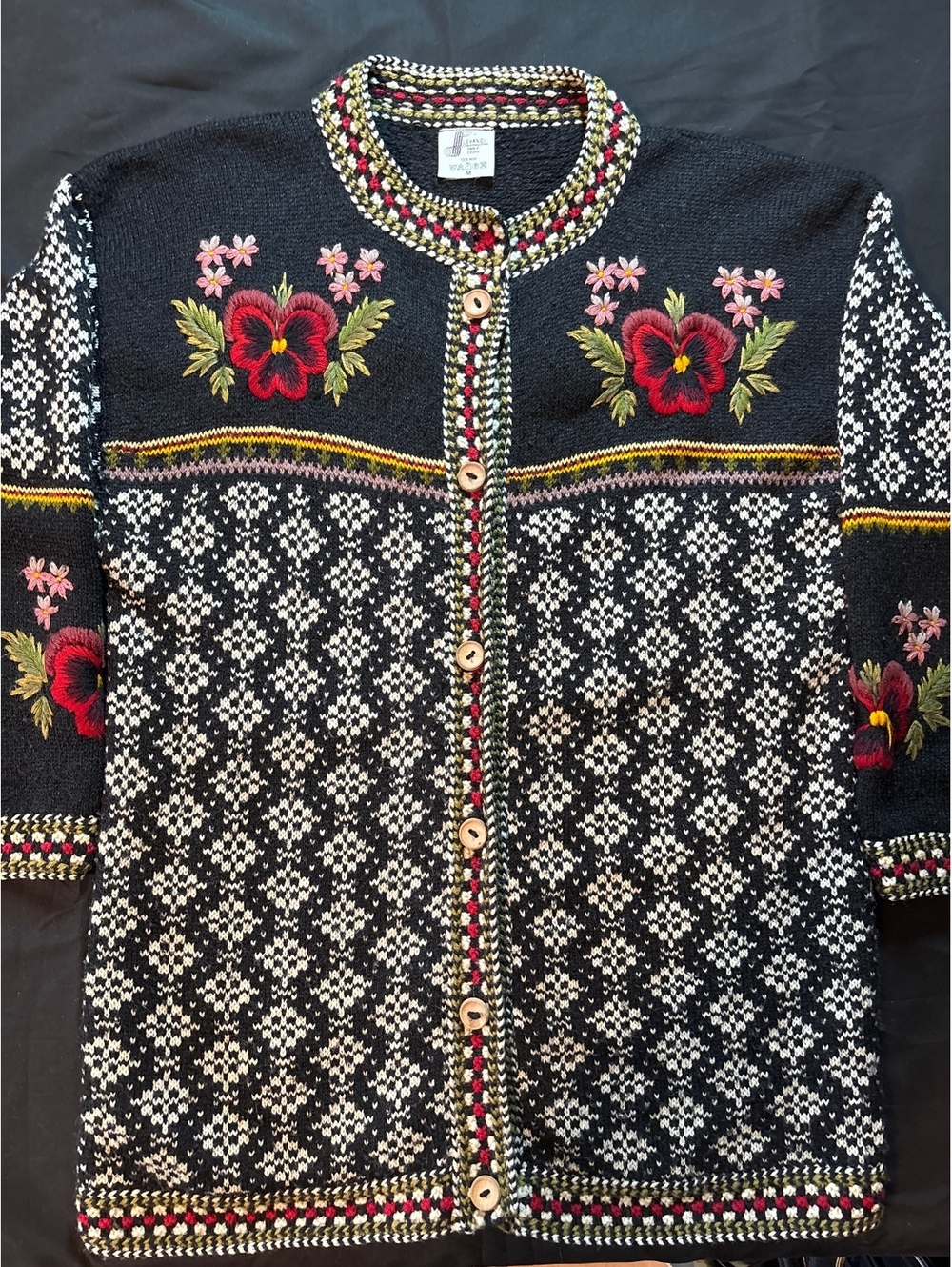 Vintage 80s Levinson 100% Wool Nordic Fair Isle Floral Embroidered Cardigan M